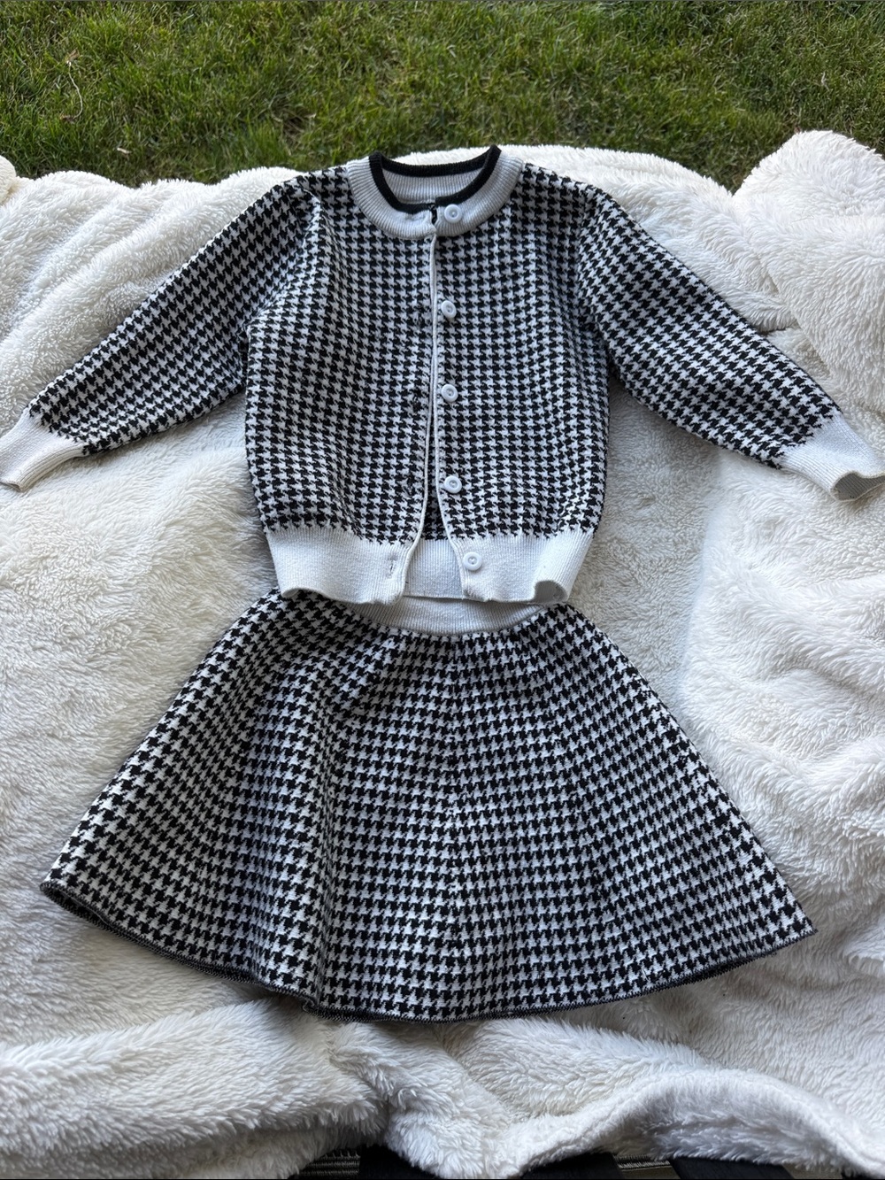 Girls Black & White Houndstooth Cardigan and Skirt Set